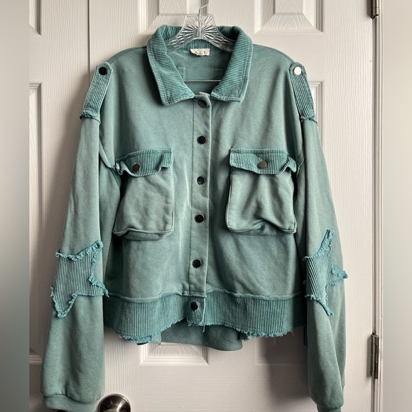 POL Jackets & Blazers - POL Teal Starlight Glow Oversized Star Patch Jacket Large